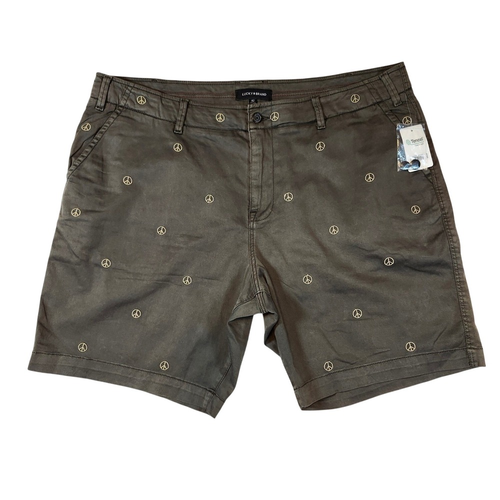 Lucky Brand Shorts Mens 42 Olive Green New Peace Sign Embroidered Tencel Blend